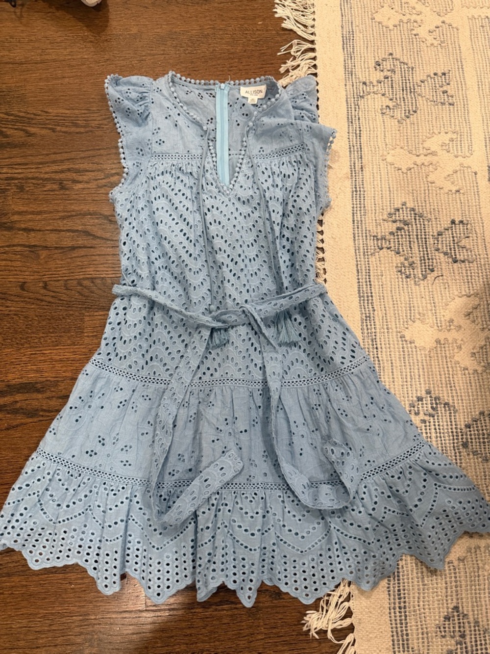 Allison Light Blue Eyelet Tie-Waist Casual Dress